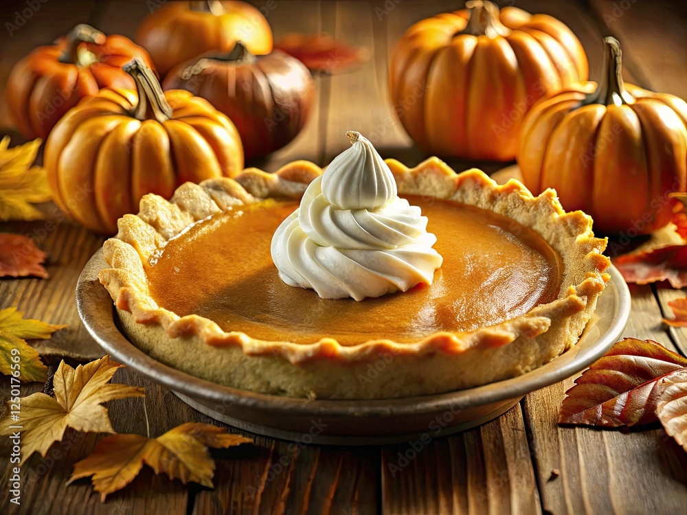 Panoramic Close-up of Rich Pumpkin Pie with Whipped Cream Swirl - Autumn Dessert Photography Panoramic Close-up of Rich Pumpkin Pie with Whipped Cream Swirl - Autumn Dessert Photography