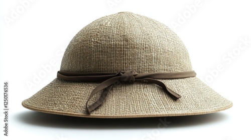 A Beige Woven Straw Hat With Brown Ribbon photo