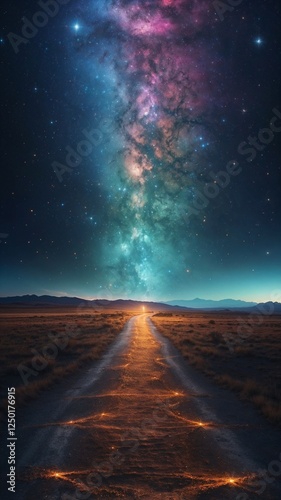 Beautiful landscape with mountains and path surrounded by cosmic starry sky and shining symbols, vertical fantasy background
