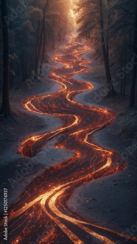 Beautiful landscape with a shining path made of lava in the forest, vertical fantasy background