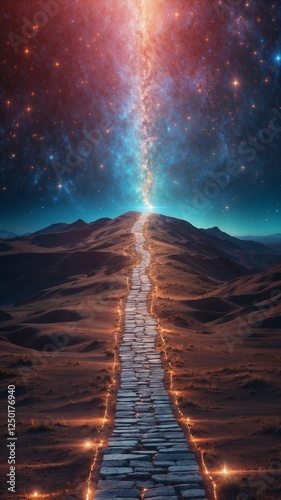 Beautiful landscape with mountains and path surrounded by cosmic starry sky and shining symbols, vertical fantasy background