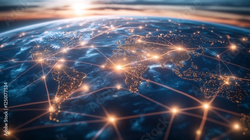Global business network with glowing nodes and lines, symbolizing modern corporate connectivity and innovation.