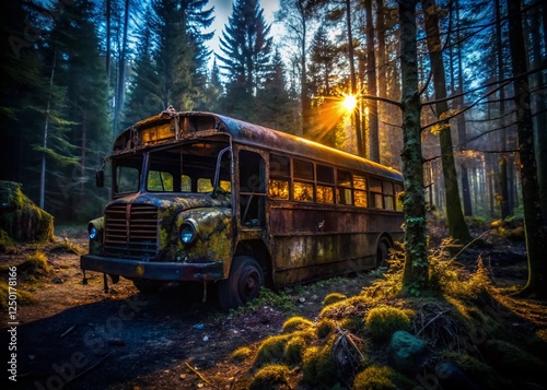 Eerie Abandoned Rusty School Bus Silhouette in Forest - Mystery Stock Photo
