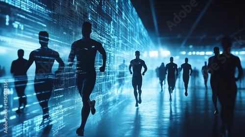 Silhouetted runners race past a digital data stream wall.