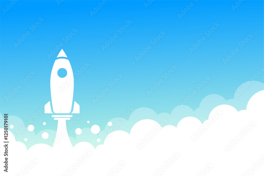 Fototapeta premium startup space ship in sky background with smoke cloud and text space
