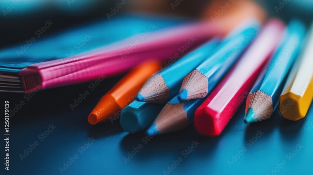 A close-up of colorful pencils, crayons, and a notebook on a blue surface. A close-up of colorful pencils, crayons, and a notebook on a blue surface.