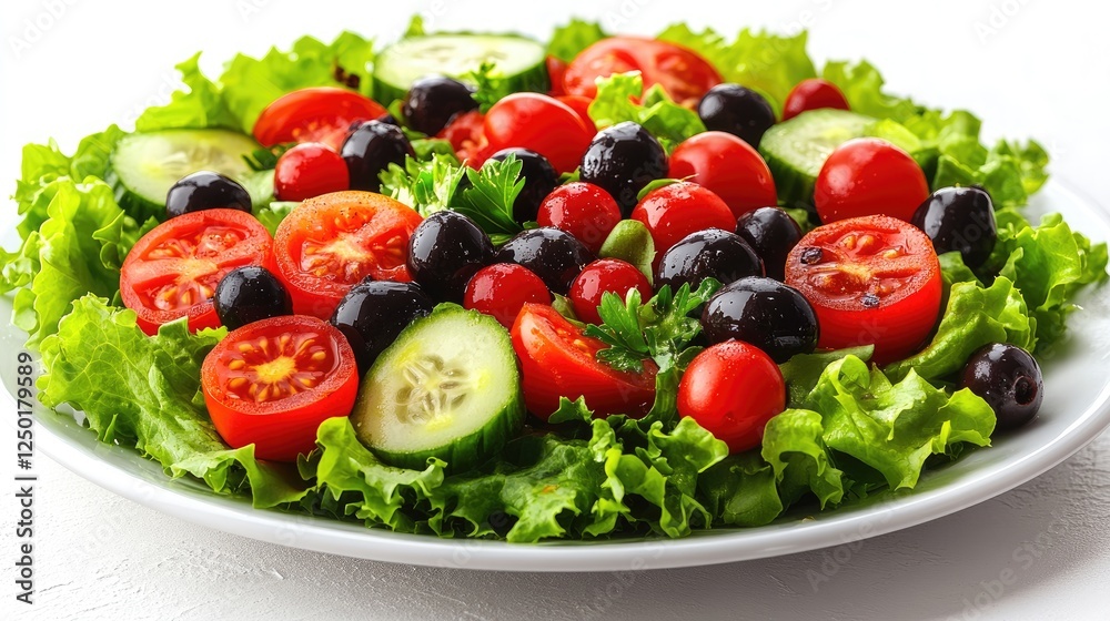 Fresh and vibrant salad featuring cherry tomatoes, cucumbers, and olives on a white plate Fresh and vibrant salad featuring cherry tomatoes, cucumbers, and olives on a white plate