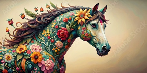 Elegant Floral Horse Design, Right Side Composition, Copy Space for Text photo