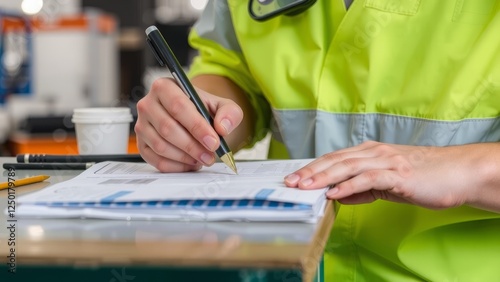 Hands Writing on Paper with High-Visibility Jacket