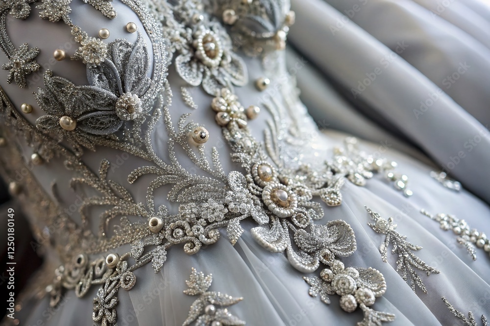 Obraz premium Elegant Gray Wedding Dress Sleeve Detail: Handmade Lace & Rhinestone Embroidery