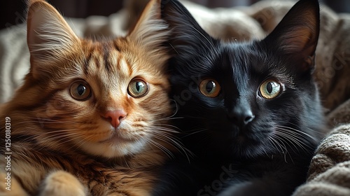 Adorable close-up of two cats one orange and one black looking directly at the camera with affectionate expressions : Generative AI photo