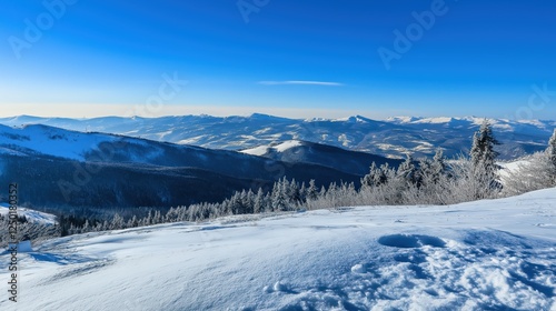 Winter Mountain Panorama Wide Angle View Snowy Landscape Blue Sky Keywords for Image Search  panoram photo