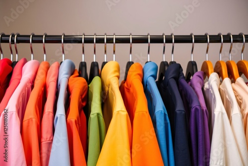 Bright and assorted garments neatly hanged on a rack, showcasing vibrant colors and modern design in an organized closet style for wardrobe or retail inspiration.