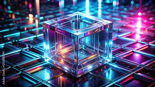 Detailed transparent glass cube embedded in a futuristic abstract metallic background with intricate geometric patterns and neon lights, geometric pattern, holographic glass