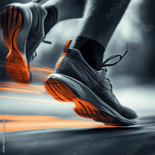 Running shoes in motion, city street background, blurred motion