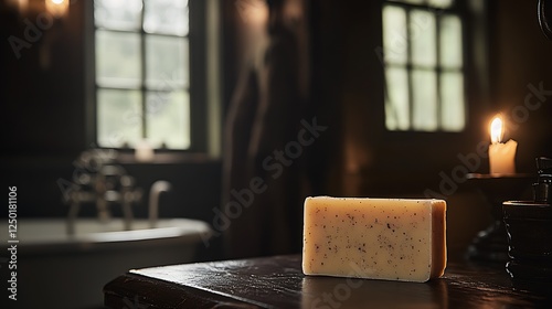 Charming bar of soap displayed in a cozy bathroom setting enhanced by warm light : Generative AI photo