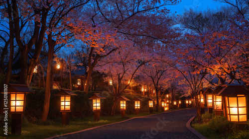 sunset in the city with cherry blossom and lampion