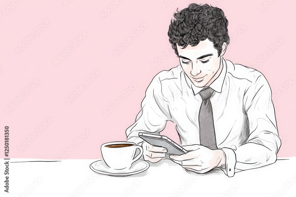 Young Man in White Shirt Enjoying Coffee While Using Smartphone Against Pink Background Young Man in White Shirt Enjoying Coffee While Using Smartphone Against Pink Background