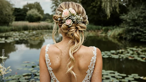 Bride wearing floral crown by serene lake at sunset, showcasing elegant hairstyle and lace gown in outdoor setting