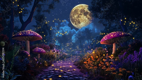 Enchanted Forest Path at Night: A 3D Render of Luminescent Mushrooms and Flowers AI Generated