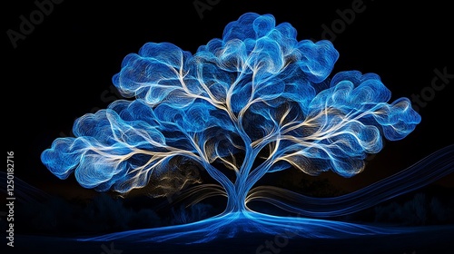 Luminous Blue Tree: A Digital Art Illustration Against a Dark Background AI Generated