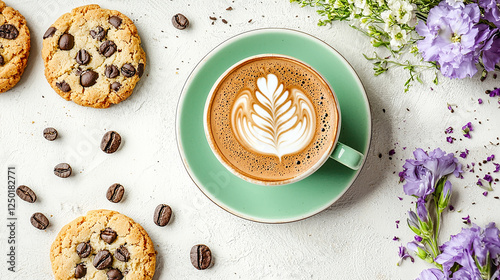 Flatlay of coffee, cookies, and flowers.