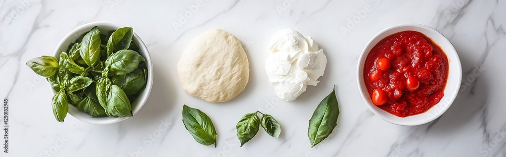 Pizza ingredients dough, mozzarella, tomato sauce, basil. Overhead shot. Flat lay. Pizza ingredients dough, mozzarella, tomato sauce, basil. Overhead shot. Flat lay.