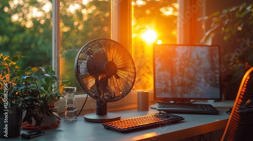 Desk fan cooling workspace with sun shining background for home office use