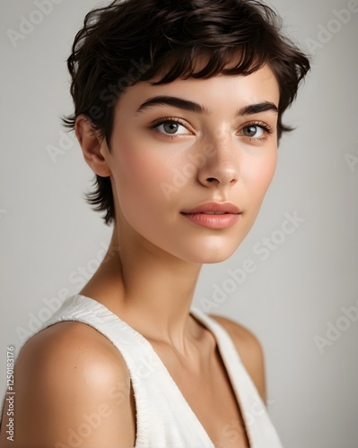 A woman with short hair wearing a white tank top.
