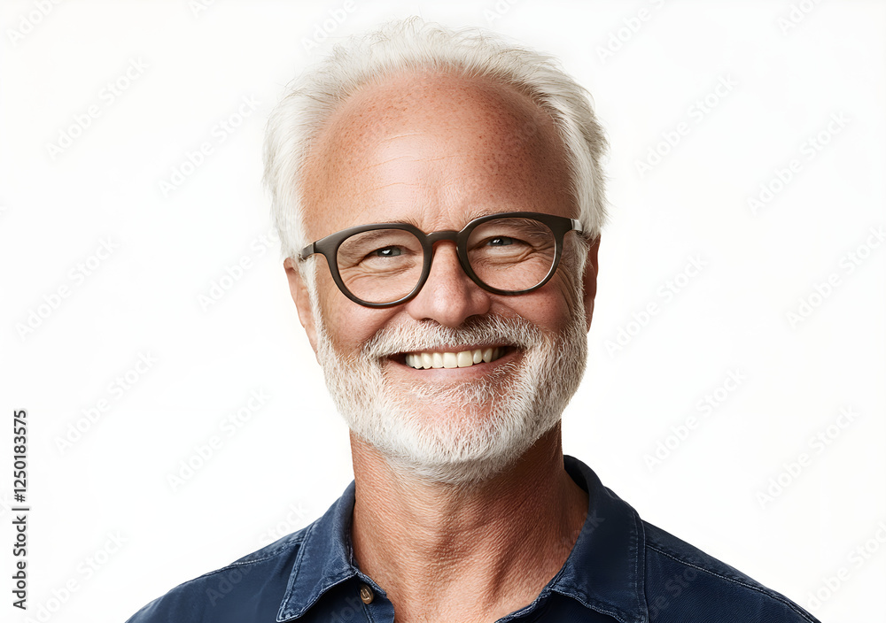 Portrait of a happy senior man with white hair and a beard, wearing glasses, set against a clear white background. Portrait of a happy senior man with white hair and a beard, wearing glasses, set against a clear white background.