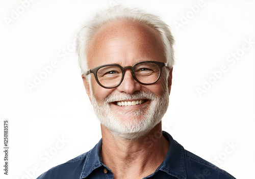 Portrait of a happy senior man with white hair and a beard, wearing glasses, set against a clear white background. 