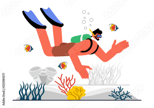 Diving Sport Vector Illustration Featuring Underwater Swimming Equipment for Exploring Coral Reefs, Sea Flora and Fauna, and Marine Life in the Ocean