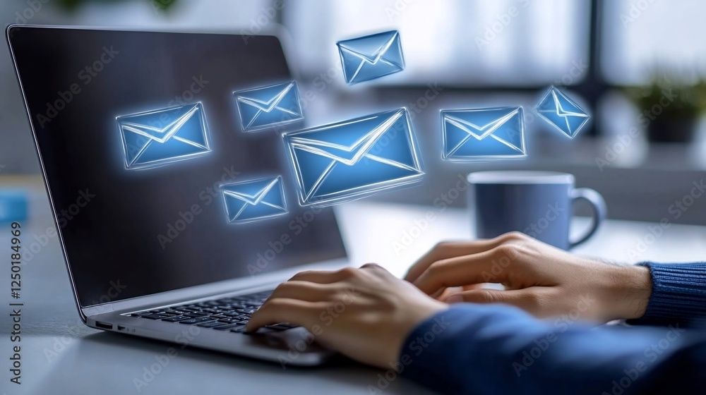 Person using laptop, receiving emails, digital communication. Person using laptop, receiving emails, digital communication.