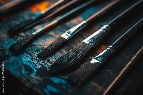 Paint brushes on a textured wooden background with artistic patterns and light effects