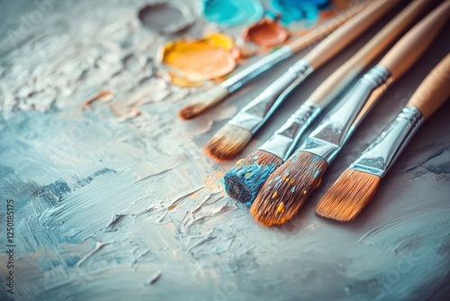 Paint brushes on a textured wooden background with artistic patterns and light effects
