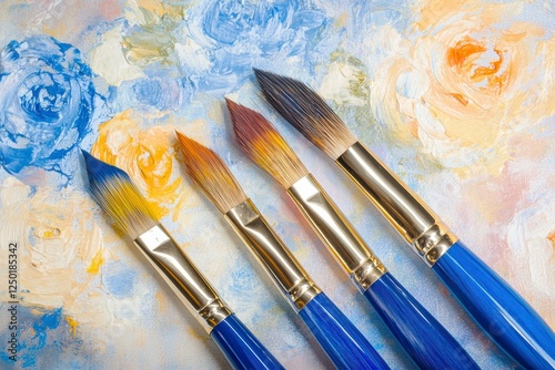 Paint brushes on a textured wooden background with artistic patterns and light effects