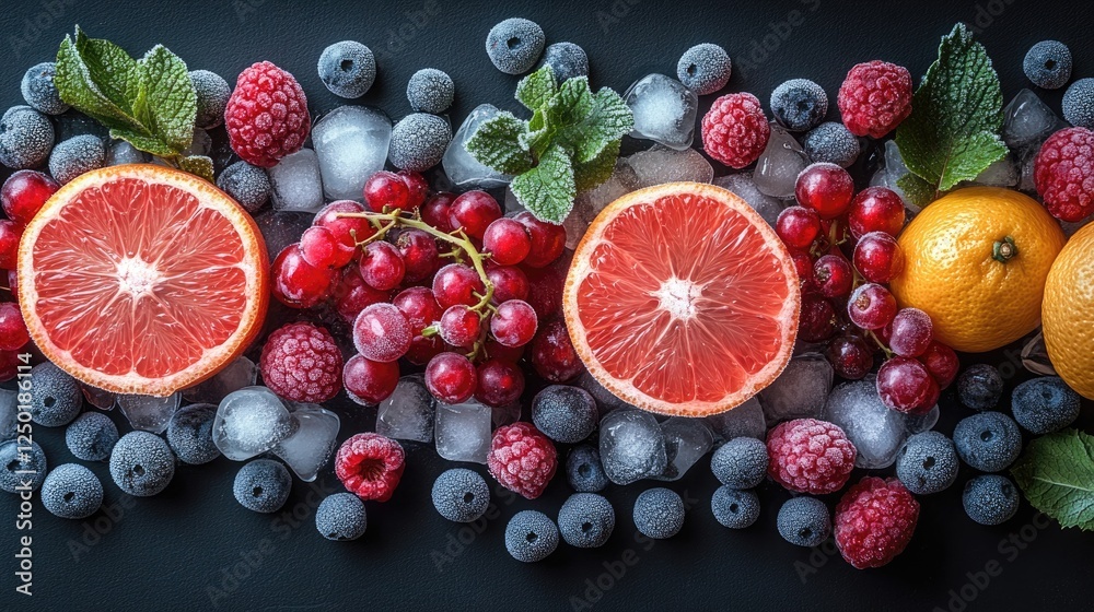 Vibrant assortment of fresh fruits including citrus and berries arranged on ice for a colorful display Vibrant assortment of fresh fruits including citrus and berries arranged on ice for a colorful display