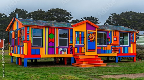 Vibrant, colorful, whimsical house on stilts, painted with geometric patterns, sits on a grassy lawn near trees under an overcast sky.