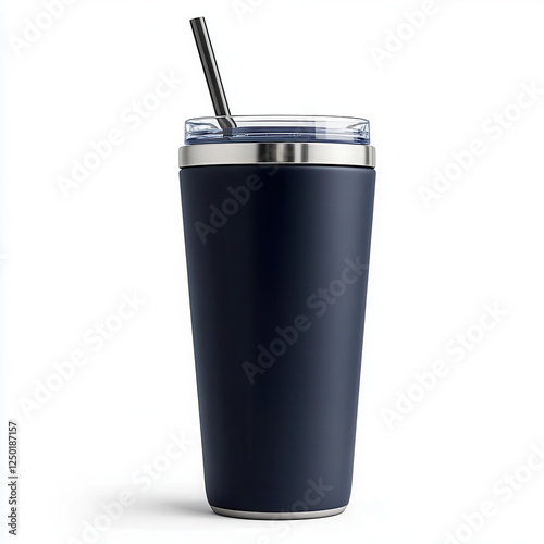 Navy Blue Tumbler with Straw: A sleek, navy blue tumbler with a stainless steel lid and a matching metal straw sits ready for your favorite beverage.  A minimalist design perfect for everyday use. 