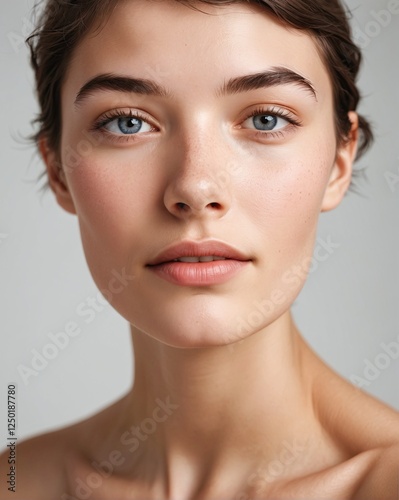 A close up of a woman's face with blue eyes.
