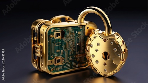Golden padlock with modern electronic circuits, digital password security design, ensuring fraud prevention and confidentiality of data in a secure network.
