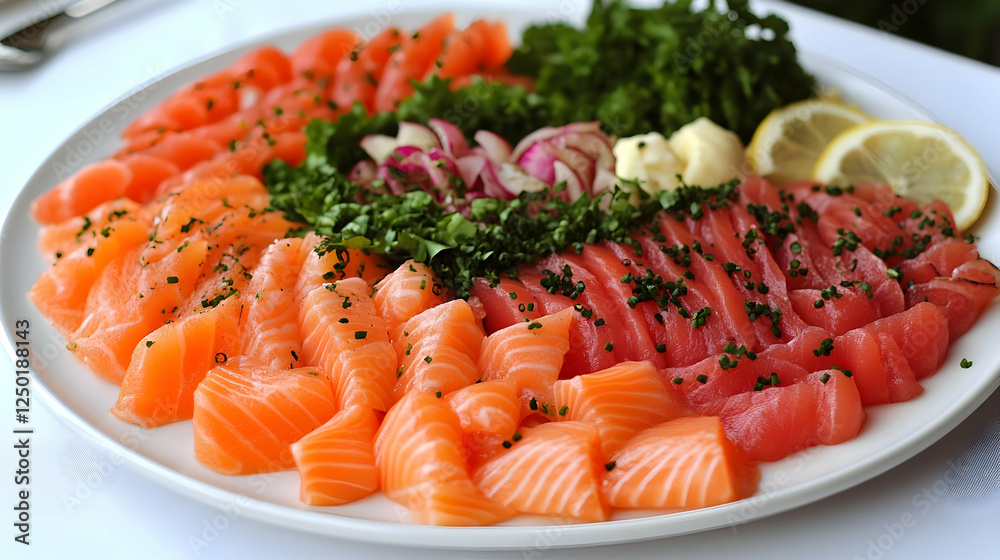 Smoked salmon platter, restaurant, garnish, event Smoked salmon platter, restaurant, garnish, event