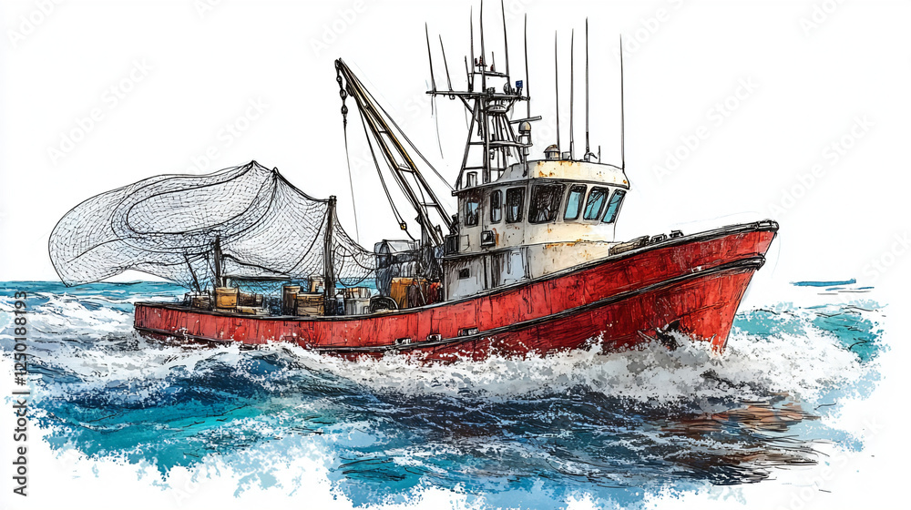 Obraz premium Powerful fishing trawler cutting through ocean waves, sketch style illustration.