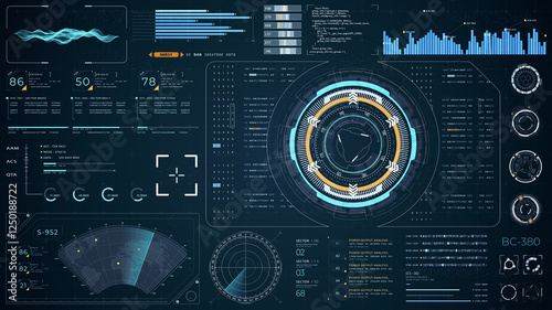 Blue digital Head up display (HUD UI) and circuit panel technology interface screen with futuristic elements graph and chat panel abstract background