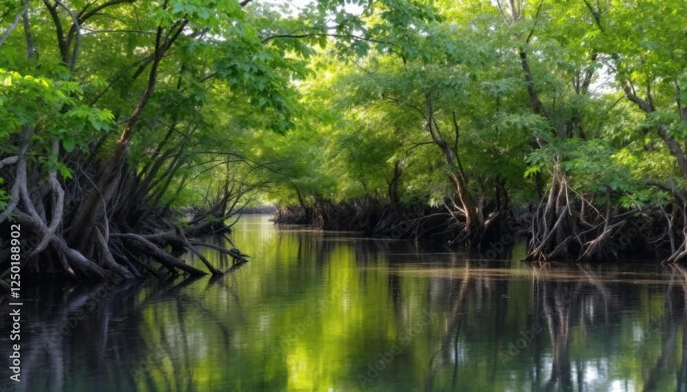Tranquil Mangrove Forest with Reflective Waters and Lush Greenery Tranquil Mangrove Forest with Reflective Waters and Lush Greenery