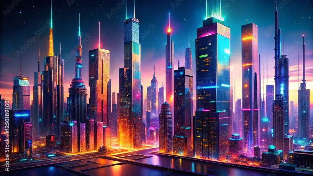 Futuristic Cityscape: Glowing Architecture & Illuminated Skyscrapers - Abstract Digital Art Futuristic Cityscape: Glowing Architecture & Illuminated Skyscrapers - Abstract Digital Art