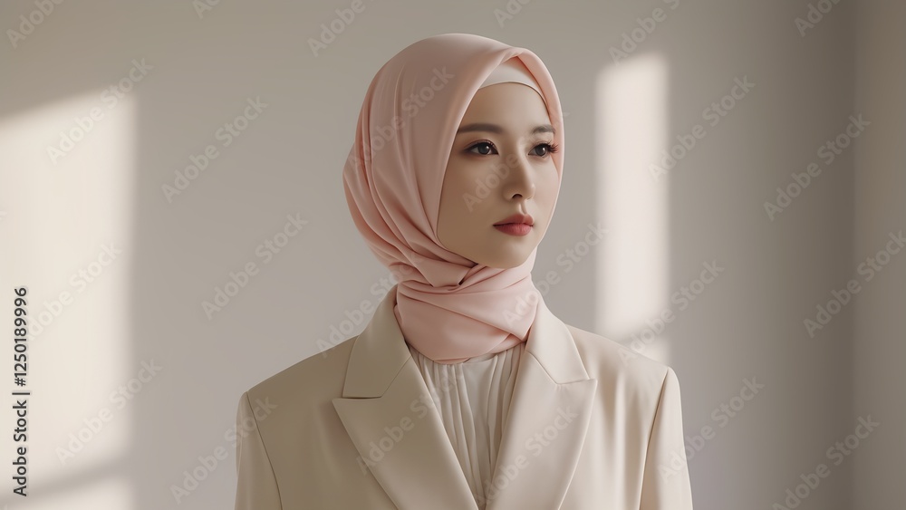 Elegant Woman in Soft Pink Hijab and Cream Blazer with a Graceful Expression. Islamic Woman, Beautiful Young Muslim Woman, Arabian, Confident, Stylish, Traditional, Diversity Elegant Woman in Soft Pink Hijab and Cream Blazer with a Graceful Expression. Islamic Woman, Beautiful Young Muslim Woman, Arabian, Confident, Stylish, Traditional, Diversity