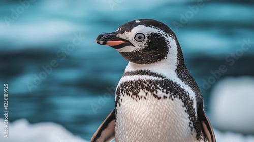 Close-up of a little penguin standing on an ice floe with a frozen sea in the background, Ai generated images photo