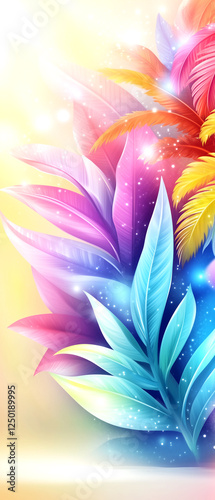 A colorful flower with a blue leaf in the middle. The flower is surrounded by other colorful leaves and stems