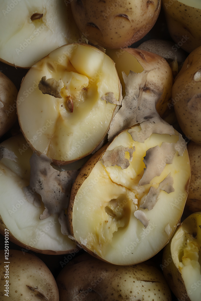 A close-up of freshly cut potatoes showing their creamy interior. The potatoes display imperfections and sprouting, highlighting their organic nature and culinary potential. A close-up of freshly cut potatoes showing their creamy interior. The potatoes display imperfections and sprouting, highlighting their organic nature and culinary potential.